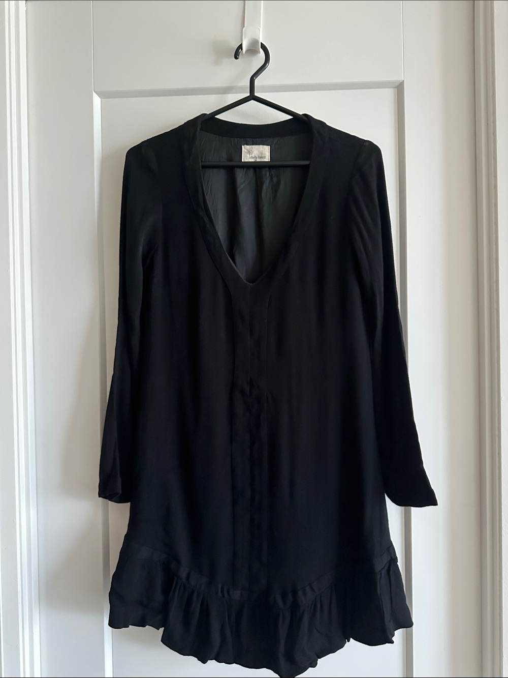Stella Forest Black Long Sleeve V-Neck Ruffle Hem Dress